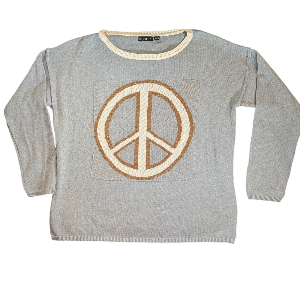 Venus Peace Sign Boho Sweater Light Blue Gray Metallic Gold Knit Pullover Large